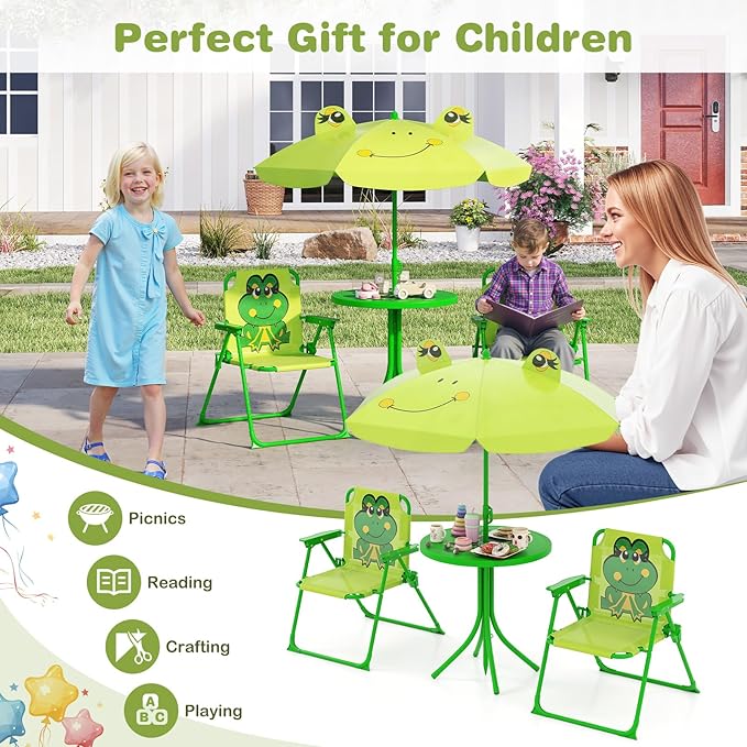 Costzon Kids Picnic Table, Kids Outdoor Table with 2 Folding Chairs, Height Adjustable Umbrella, Portable Children Outdoor Furniture for Patio, Garden, Backyard (Light Green)