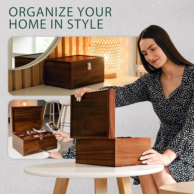 Public House Locking Wooden Keepsake Box, Customizable Design With Adjustable Tray. Large Wooden Box with Hinged Lid for Wedding and Memory Keepsakes