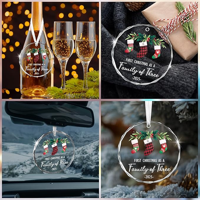 Baby’s First Christmas Ornament 2025 – Christmas Tree Decoration Glass Ornaments - Family of Three Ornament Gifts for New Parents, New Mom Dad Gift, Christmas Tree Decoration Keepsake