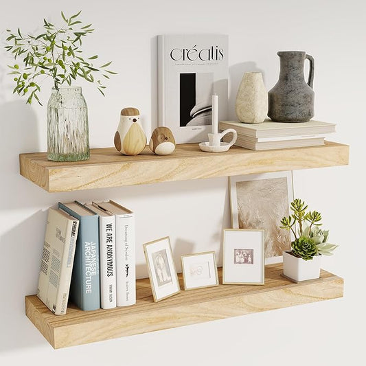 fuqing 30 Inch Floating Shelves for Wall - 9.3 Inch Deep Natural Wood Shelves Set of 2-30W x 9.3D x 1.6H Wall Mounted Shelves with Upgraded Metal Brackets for Room Wall