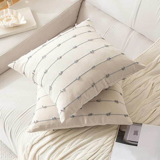 Boho Throw Pillow Covers 22x22 Set of 2 Modern Farmhouse Decorative Cushion Case Tufted Square Pillows Cover Neutral Pillow Cases Accent Pillowcase for Sofa,Couch,Bed,Beige and Grey