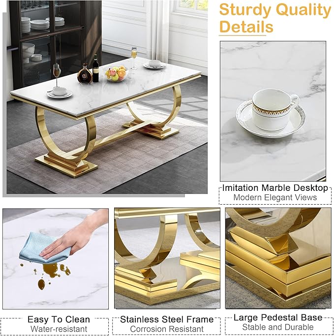 5 Piece Marble Dining Table Set for 4, Luxury White Marble Gold Kitchen Table with 4 Blue Velvet Upholstered Chairs, Modern 4 Person Dining Room Table Set for Kicken Dining Office Room