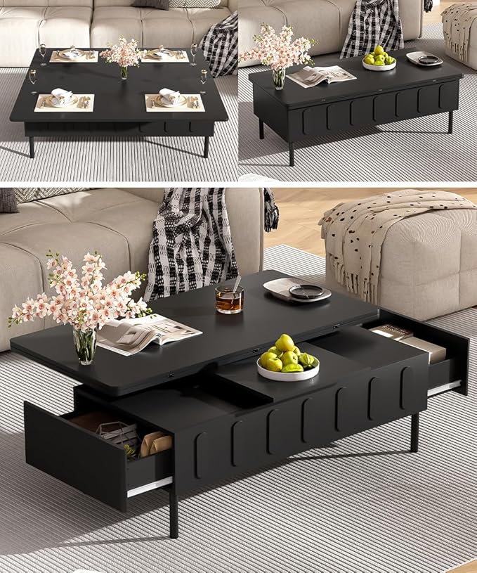 WILLIAMSPACE 43.3" Rectangular Lift-Top Coffee Table with 2 Drawers, Modern Center Table with Foldable Top, Multi-Functional Adjustable Dining Table with Storage Compartment for Living Room, Black