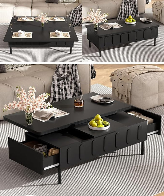 WILLIAMSPACE 43.3" Rectangular Lift-Top Coffee Table with 2 Drawers, Modern Center Table with Foldable Top, Multi-Functional Adjustable Dining Table with Storage Compartment for Living Room, Black