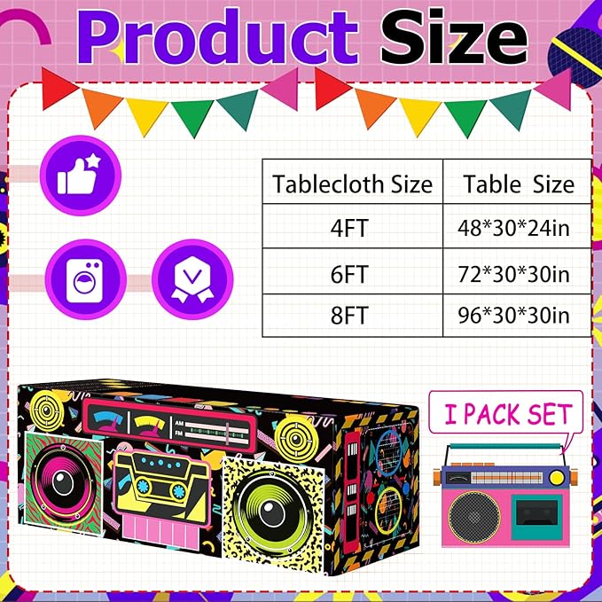 6FT 80s 90s Theme Party Tablecloth, 80s 90s Decorations for Back to 80s 90s Hip Hop Birthday Party