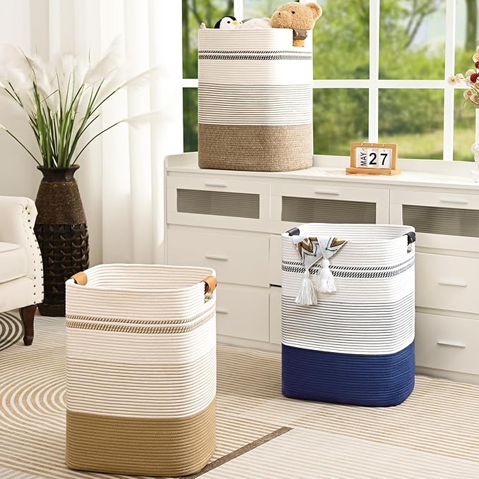 Laundry Hamper, 95L Tall Laundry Basket with Leather Handles, Rectangle Large Clothes Hamper for Organizing, Cotton Woven Laundry Baskets Storage Hampers for Bedroom, Nursery, Living Room