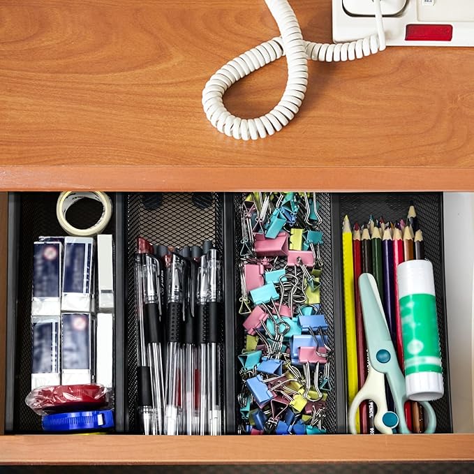 2PCS Drawer Organizer, Mesh Drawer Organizer with Interlocking Arm for Utensil, Cosmetic, Flatware, Pen (9 * 3 * 2 Inches, Black)