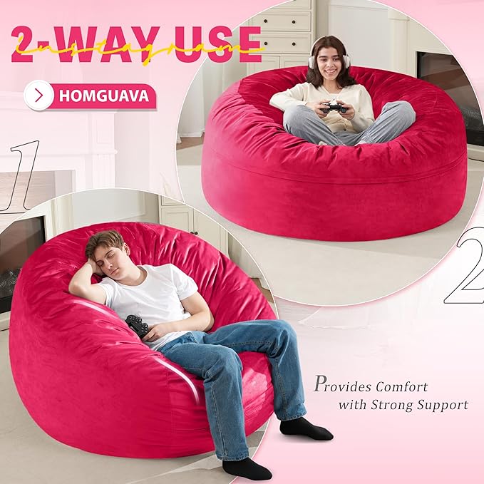 Homguava 5 FT Bean Bag Chair: 5' Bean Bags with Memory Foam Filled, Large Beanbag Chairs Soft Sofa with Dutch Velvet Cover-Pink