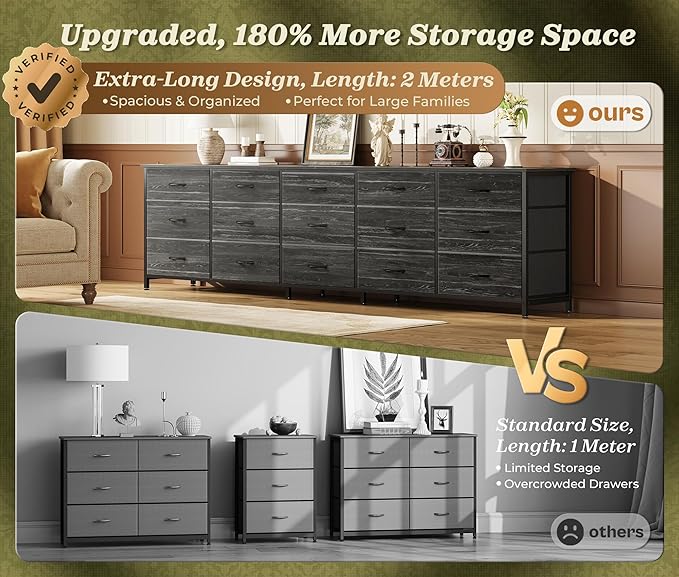 Huuger 78.7 inch Long Dresser for Bedroom, 15 Drawer Fabric Dresser for Closet, Large TV Stand for 65, 75, 85 inch TV, Wide Chest of Drawer with Storage, 78.7" W x 12.9" D x 26.7" H, Charcoal Black