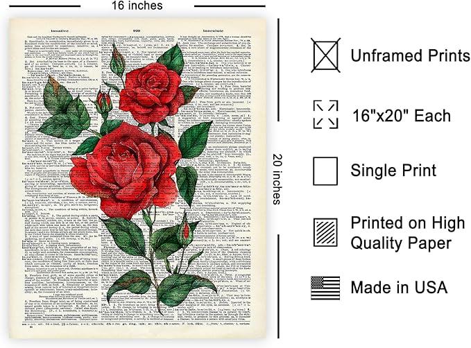 Poster Master Dictionary Art Poster - Red Roses Print - Flower Art - Floral Art - Gift for Men, Women & Florist - Minimal Decor for Living Room, Bedroom, Dorm or Flower Shop - 16x20 UNFRAMED Wall Art
