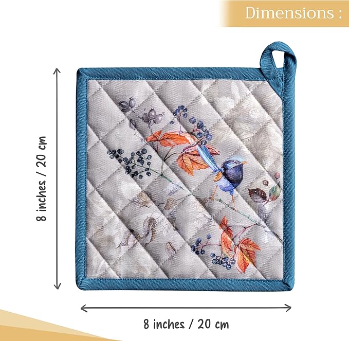 Maison d' Hermine Pot Holders Set 100% Cotton Heat Resistant Potholders 8" x 8" Hot Pads with Loop for Thanksgiving Christmas Decorations BBQ Baking Handling Hot Pans (Pack of 2, Equinoxe - Grey)