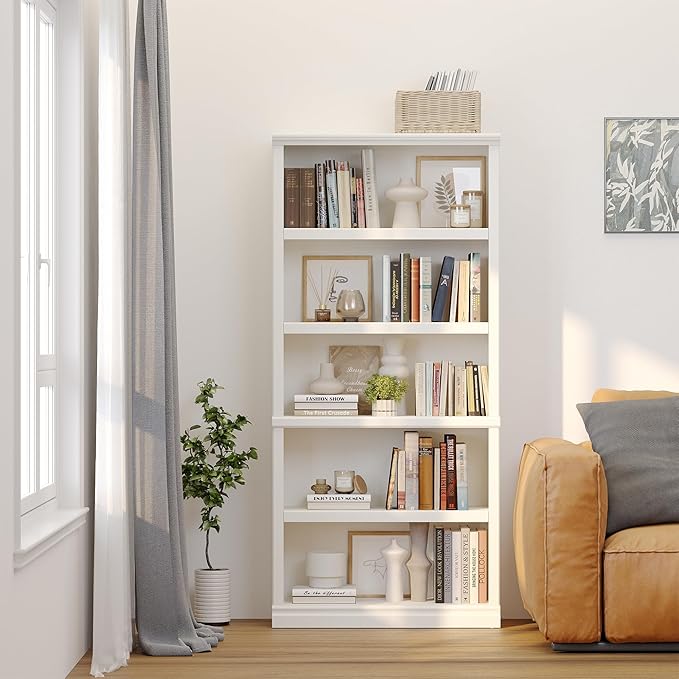 blini 5-Shelf Tall Bookcase White Wooden Bookshelves 33in Wide 5 Tier Bookcases with Adjustable Shelves Floor Standing Display Book Shelves 70 in Tall Bookcase for Home Office, Living Room, Bed Room