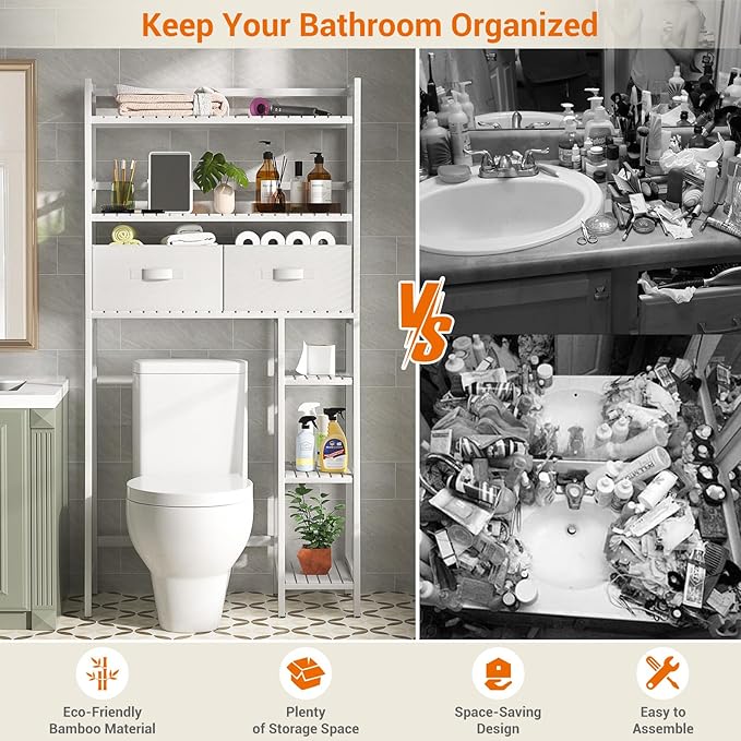 Homykic Over The Toilet Storage Shelf with 2 Fabric Drawers, Bamboo Above Toilet Organizer Tower Rack with Toilet Paper Holder Stand, Bathroom Space Saver, Mass Storage, No Rust, White