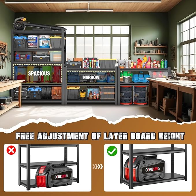 5-Tier Storage Shelving 32" W Steel Heavy Duty Shelving Unit with Shelves for Heavy Duty Metal Shelving Adjustable Garage Shelving Rack Storage Kitchen, 63" H X 32" W X 16" D, Black