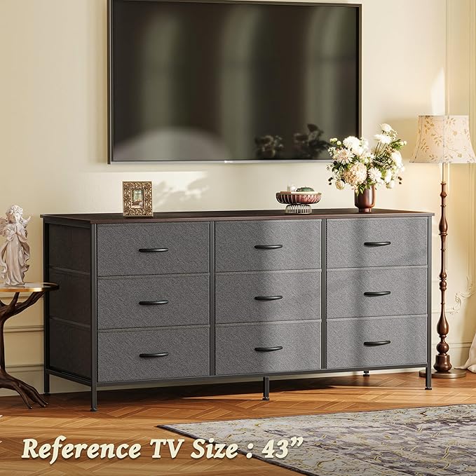 Huuger 9 Drawer Dresser for Bedroom, 47 Inch Dresser TV Stand for 50, 55 Inch TV, Entertainment Center for Bedroom, Fabric Storage with Drawer, Closet, Dark Grey