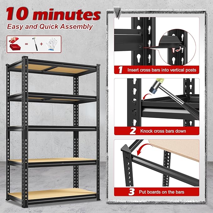 REIBII Storage Shelves 2020LBS Garage Shelving Heavy Duty Metal Shelving 5 Tier Metal Shelf for Kitchen Warehouse Basement 28" W x 12" D x 59.8" H, 4 Pack