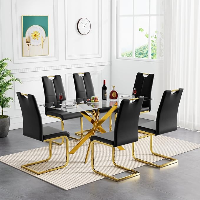 SSLine 51'' Gold Glass Dining Table Set for 6,7 Piece Kitchen Table and Chairs Set with Metal Legs and 6 PU Leather Dining Chairs for Kitchen Room Small Spaces
