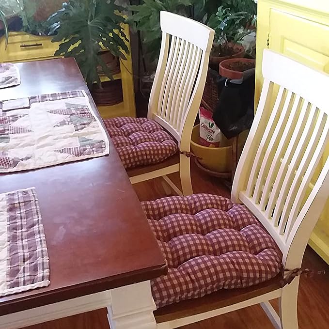 Barnett Home Decor Farmhouse Check Dark Red & Tan Dining Chair Pad with Ties - Latex Foam Fill - 100% Cotton, Made in USA - Machine Washable, Reversible (Red-Tan, Small)