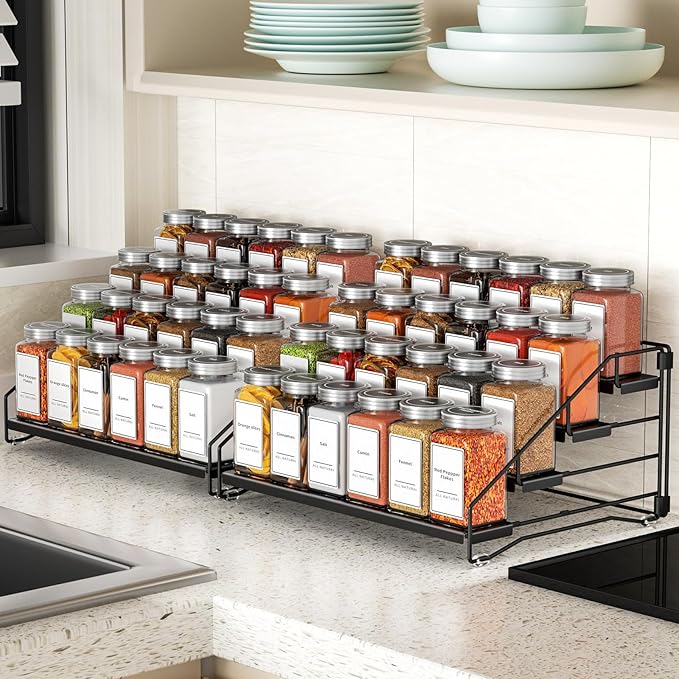 4 Tier Spice Rack Organzier, Spice Rack for Cabinet, Adjustable Depth Seasoning Shelf for Countertop, Pantry, Seasoning Organizer, Metal, Black (2 Pack)