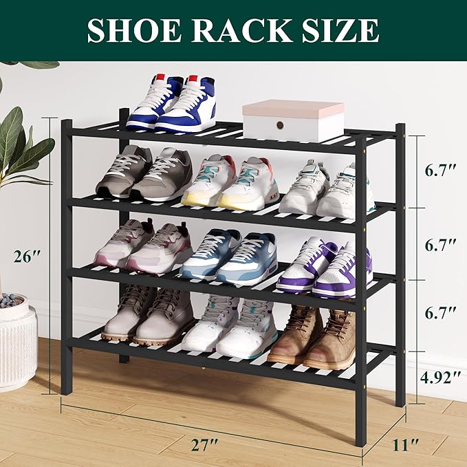 Smiry Bamboo Shoe Rack for Closet, 4 Tier Wooden Stackable Shoe Organizer, Free Standing Shoes Storage Shelf for Entryway, Front Door Entrance, Black