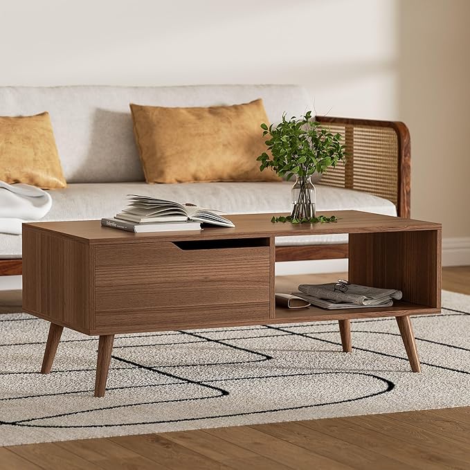 Brown Coffee Table, Mid Century Modern Coffee Table with Drawer & Shelf, 39'' Wooden Simple Console Table for Living Room