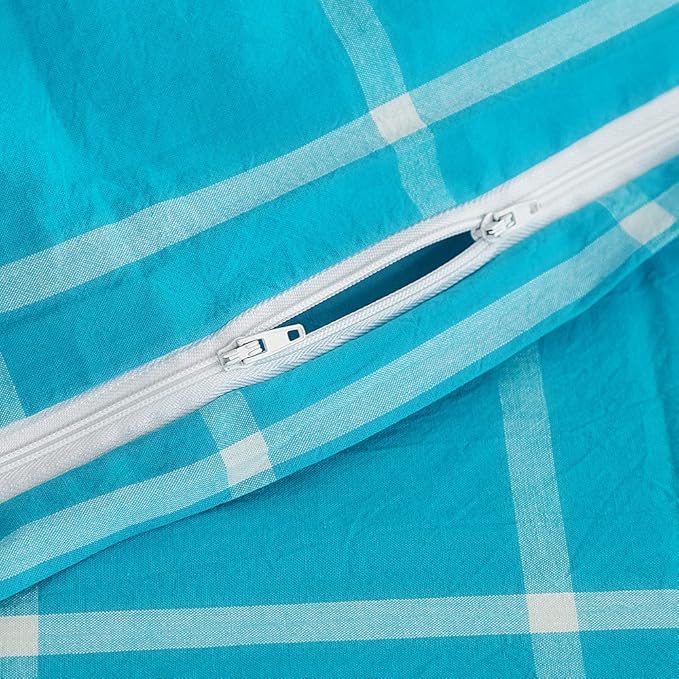 FACE TWO FACE Bedding Duvet Cover Set100% Washed Cotton Duvet Cover Linen Like Textured Breathable Durable Soft Comfy(Twin, Turquoise Grid)