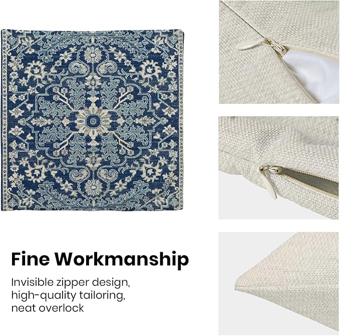 Blue White Boho Pillow Covers 18x18 Set of 2, Carpet Design Decorative Boho Throw Pillows Linen Farmhouse Bohemian Cushion Pillow Covers for Sofa Couch Outdoor Decor