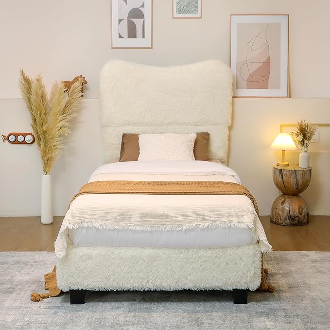 Brafab Twin Bed Frame with Headboard, Boho Fluffy Boucle Cloud Upholstered Platform Bed with Soft Rounded Corners and Wooden Slats, No Box Spring Needed, Noise Free, Easy Assembly, Beige