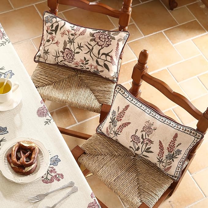 Design Linen Vintage Throw Pillow Covers 12"x20" Pack of 2, Rectangle Cushion Covers with Red Purple Flowers Green Leaves Pattern Decoration Pillowcases for Bed,Living Room,Outdoor,Car