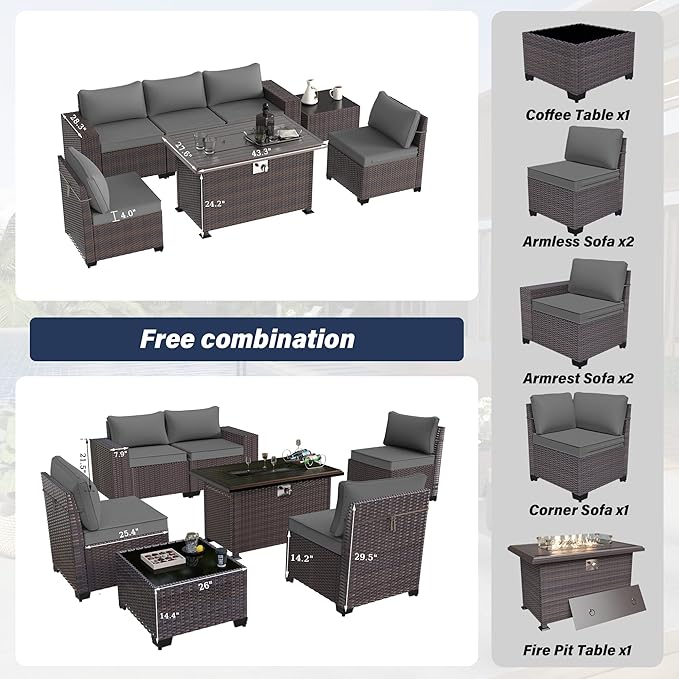 Kurapika 7 Pieces Patio Furniture Set, Rattan Wicker Outdoor Conversation Sets w/43in Propane Fire Pit Table and 4 Inch Cushion(Grey)