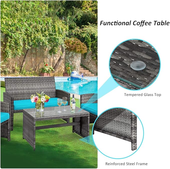 Tangkula 4 PCS Wicker Patio Conversation Set, Outdoor Rattan Sofas with Table Set, Patio Furniture Set with Soft Cushions & Tempered Glass Coffee Table for Poolside Balcony