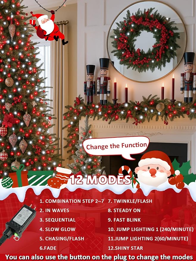 Voice Controlled Smart Christmas String Lights, 75.8ft 200 LED Extendable Fairy Lights with 7 Voice Commands, 12 Modes & Timer, Waterproof Christmas Decorations for Party Tree Garden (Red and White)