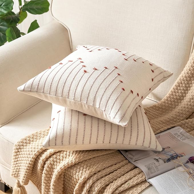 Caflife Boho Throw Pillow Covers 24x24 Set of 2 Decorative Pillows for Bed, Neutral Pillow Covers Beige with Green Line Throw Pillows for Modern Farmhouse Couch Sofa Living Room Outdoor