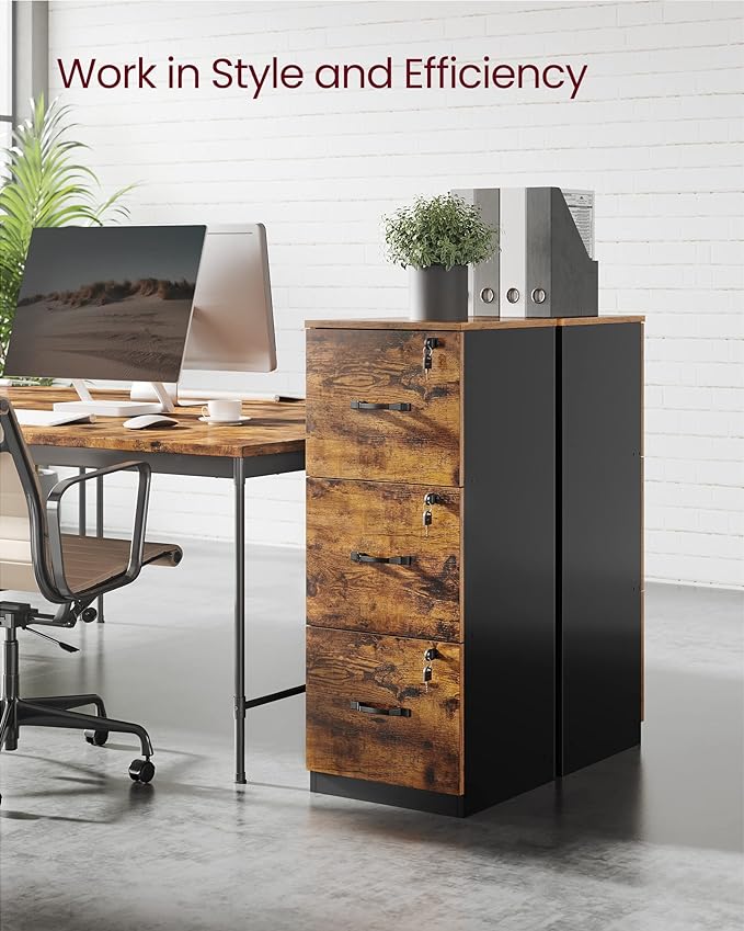 VASAGLE 3-Drawer Vertical File Cabinet, Rustic Brown and Black, for Home Office and Bedroom, A4 and Letter-Size Files, Lockable Drawers, Adjustable Hanging Rail, Printer Stand