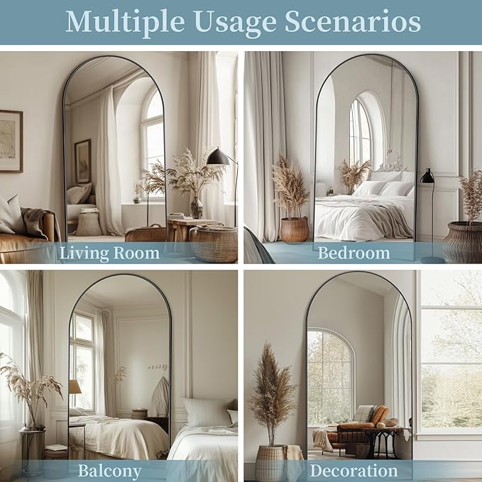 Full Length Mirror with Stand, 76"x44" Arched Full Body Mirror, Large Stand Up Mirrors, Aluminum Frame Floor Standing Mirrors, Freestanding Hanging Leaning Mounted for Bedroom Living Room Black