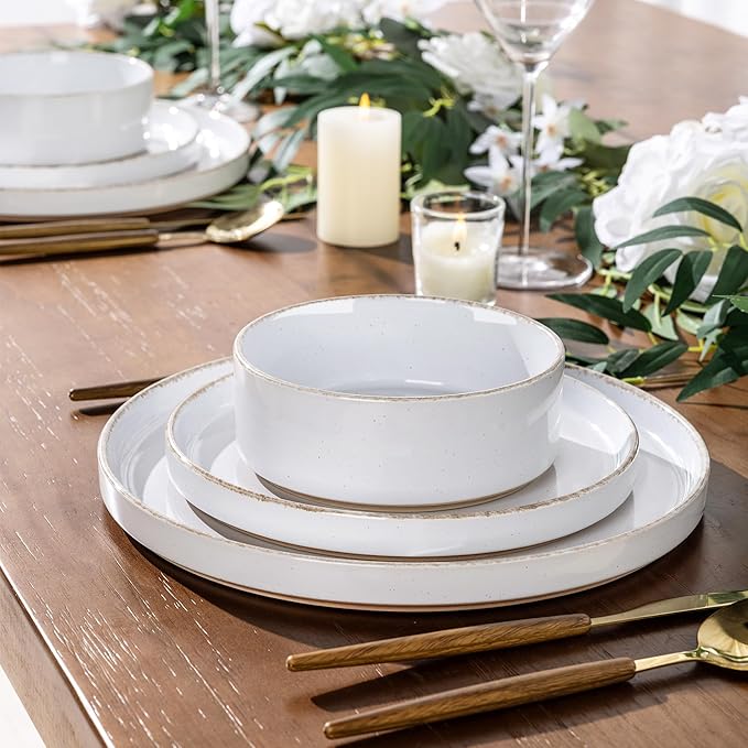 AmorArc Ceramic Dinnerware Sets for 4, 12 Pieces Handpainted Plates and Bowls Set with Rustic Terracotta Underside, Scratch Resistant Stoneware Dishes Set, Dishwasher & Microwave Safe