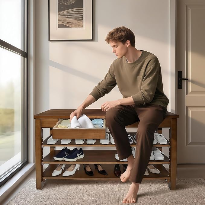 Wood Shoe Bench Entryway with Drawer: 3-Tiers Wooden Storage Shoe Rack with Bench Seat, Compact Mid-Century Modern Design for Entryway, Hallway,Closet,Front Door Entrance,Foyer Walnut 43.3"