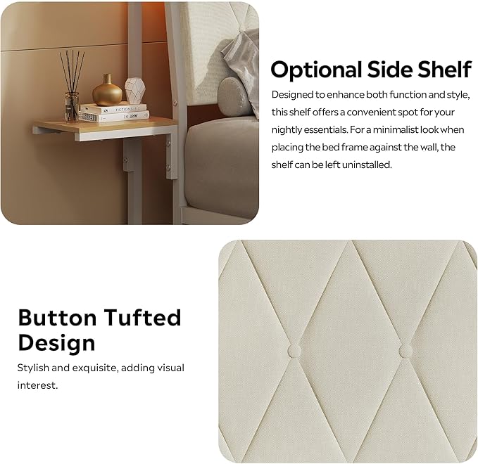 WLIVE Full Size Upholstered Bed Frame with 2 Side Shelves, Linen Tufted Storage Headboard with Charging Ports and LED Light, Metal Solid and Stable, No Box Spring Needed, Easy Assembly, Beige