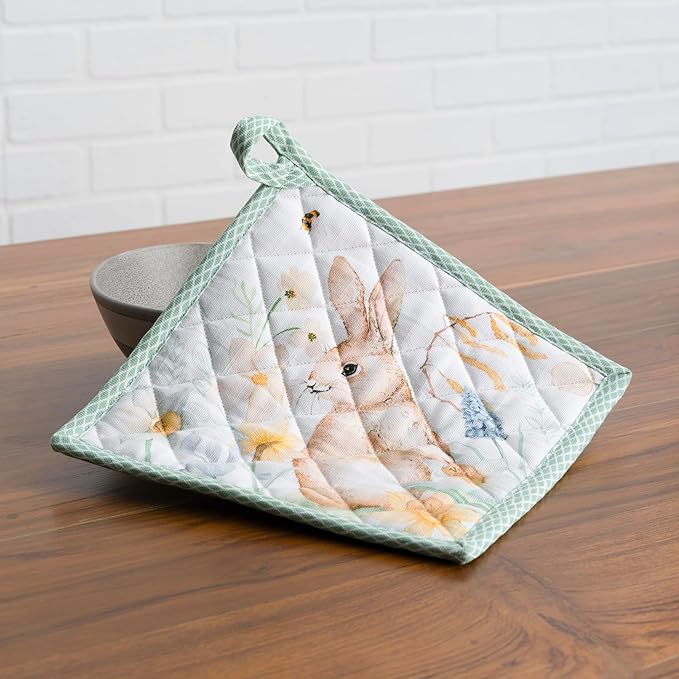 Maison d' Hermine 100% Cotton Oven Mitt & Pot Holder Set (7.5"x13" & 8"x8") Heat Resistant BBQ Cooking Gloves with Loop, Baking, Grilling, Kitchen, Handling Hot Pans Spring/Summer (Easter Dew)