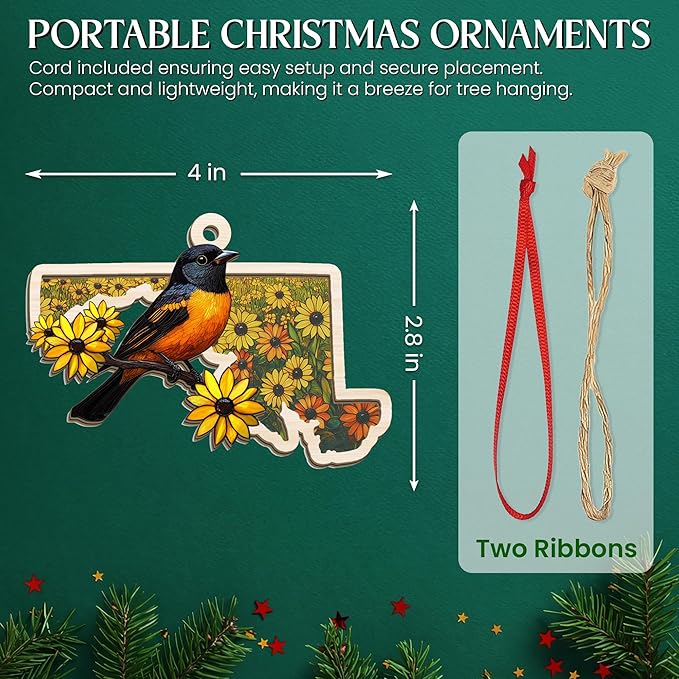 FLAGWIX Maryland Christmas Ornament 2025 - Suncatcher Christmas Ornaments for Tree Decorations - Maryland Gifts for Women Men, Baltimore Oriole and Black-Eyed Susan State Ornaments, Housewarming Gifts