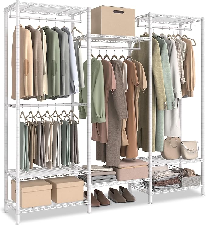 SONGMICS Portable Wardrobe Closet Heavy Duty Clothes Rack, Freestanding Closet Organizer, Metal Garment Rack with Adjustable Wire Shelves, Hanging Rods, Hooks, Dividable, Cloud White ULGR431W01