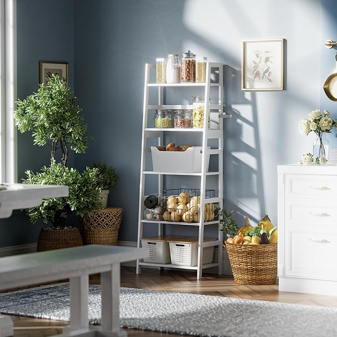 Ladder Shelf, 5-Tier Bookshelf, All Bamboo Heavy Duty Bookcase, Freestanding Open Wood Storage Rack, Modern Corner Display Plant Stand for Living Room, Home Office, Bathroom, Bedroom, White