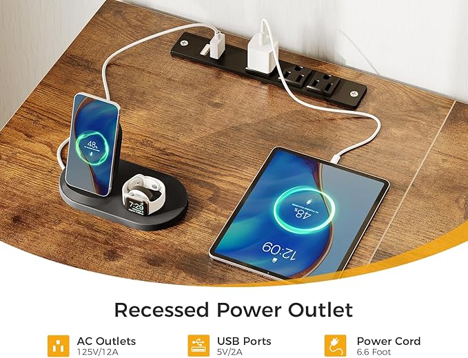 Casaottima 66" L Shaped Desk, Reversible Computer Desk with File Cabinet & 4 Fabric Drawers, Two Person Desk with LED Lights & Power Outlet, Corner Home Office Desk with Monitor Shelf, Vintage