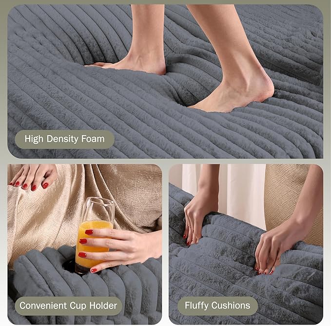 Garvee Grey Oversized Chaise Lounge Chair Indoor with Storage Ottoman, Upholstered Corduroy Sofa Bed Cloud Couch with 3 Pillows, Single Sleeper Sofa Chair for Living Room, Bedroom