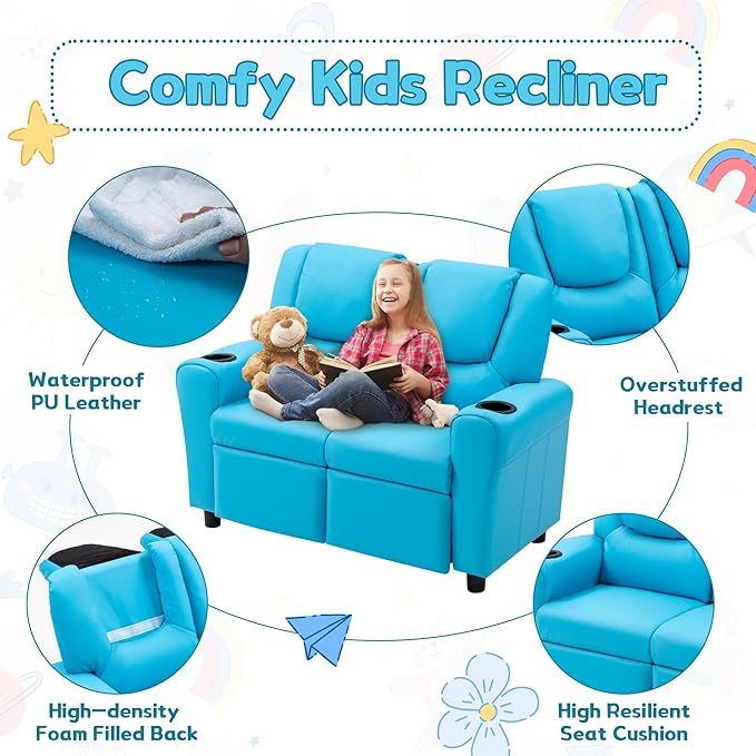 AVAWING Toddler Recliner, Double Children Couch with Cup Holder, PU Leather Kids Sofa, Kids Loveseat w/Adjustable Footrest & Headrest for Boys and Girls 3+ Age Group, Blue