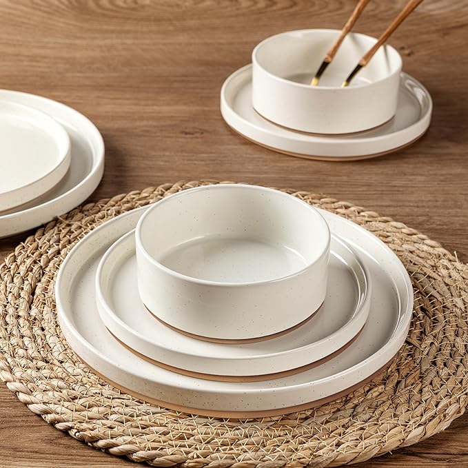 AmorArc Ceramic Dinnerware Set for 6 | Speckled Stoneware Plates and Bowls with Rustic Terracotta Underside| Scratch Resistant,Dishwasher & Microwave Safe Dishes Sets- 18pcs Beige