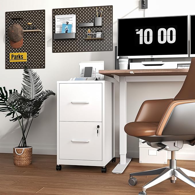 AQY 2 Drawer Mobile File Cabinet with Lock, Rolling Metal Filing Cabinets for Home Office, Vertical File Cabinet on Wheels, Small White File Storage Cabinets for Legal/Letter/A4 Files Assembly Require