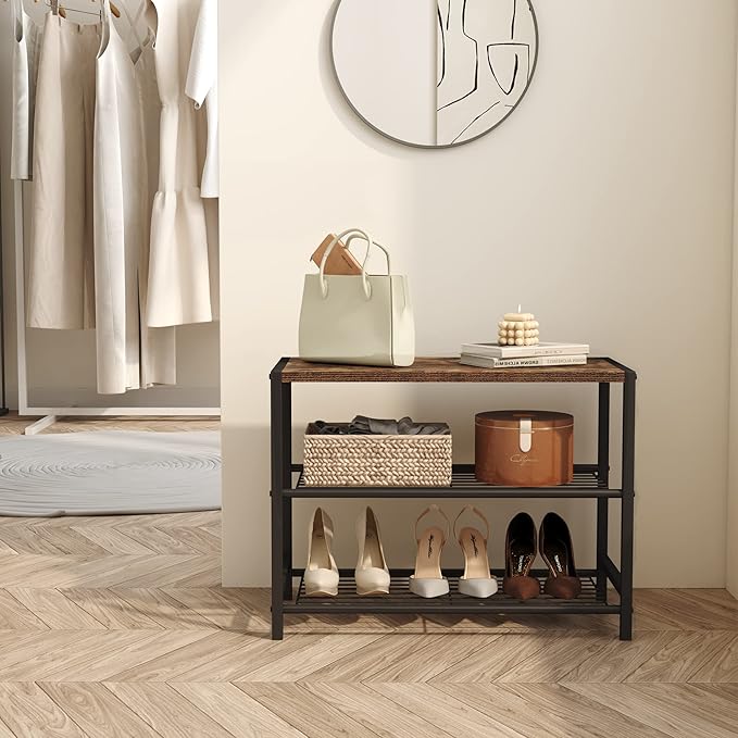 HOMEFORT 3-Tier Shoe Rack, Shoe Storage Shelf, Industrial Shoe Tower, Narrow Shoe Organizer for Closet Entryway, Small Shoe Rack Table with Durable Metal Shelves, Rustic Brown