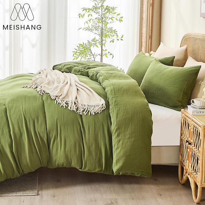 MEISHANG Muslin Duvet Cover King Size - 100% Organic Cotton, Soft Textured Gauze Weave Comforter Cover for Breathable All-Season with Zipper Closure - 3 Piece Set (King, Forest Green)