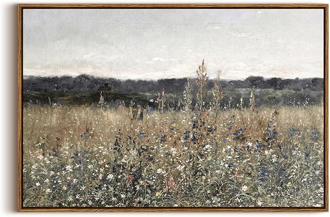 InSimSea Framed Canvas Wall Art Vintage Decor, Large Wall Art, Meadow with Flowers Landscape Wall Art Prints, Modern Farmhouse Cottagecore Bedroom Bathroom Office Decoration, 20"x30"
